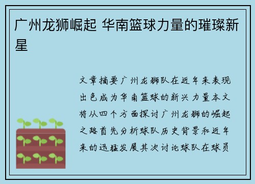 广州龙狮崛起 华南篮球力量的璀璨新星