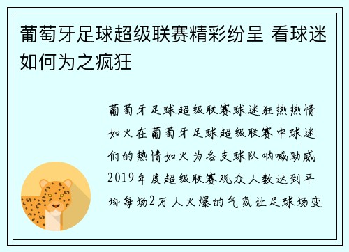 葡萄牙足球超级联赛精彩纷呈 看球迷如何为之疯狂