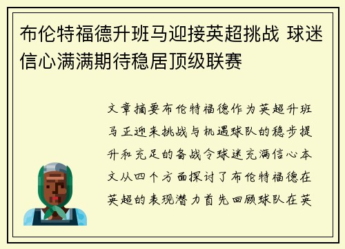 布伦特福德升班马迎接英超挑战 球迷信心满满期待稳居顶级联赛